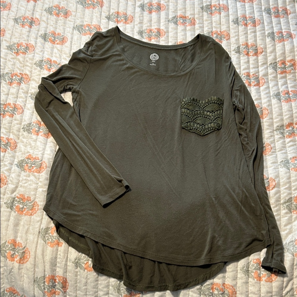 SO Dark Green Long Sleeve Blouse with Lace Detail